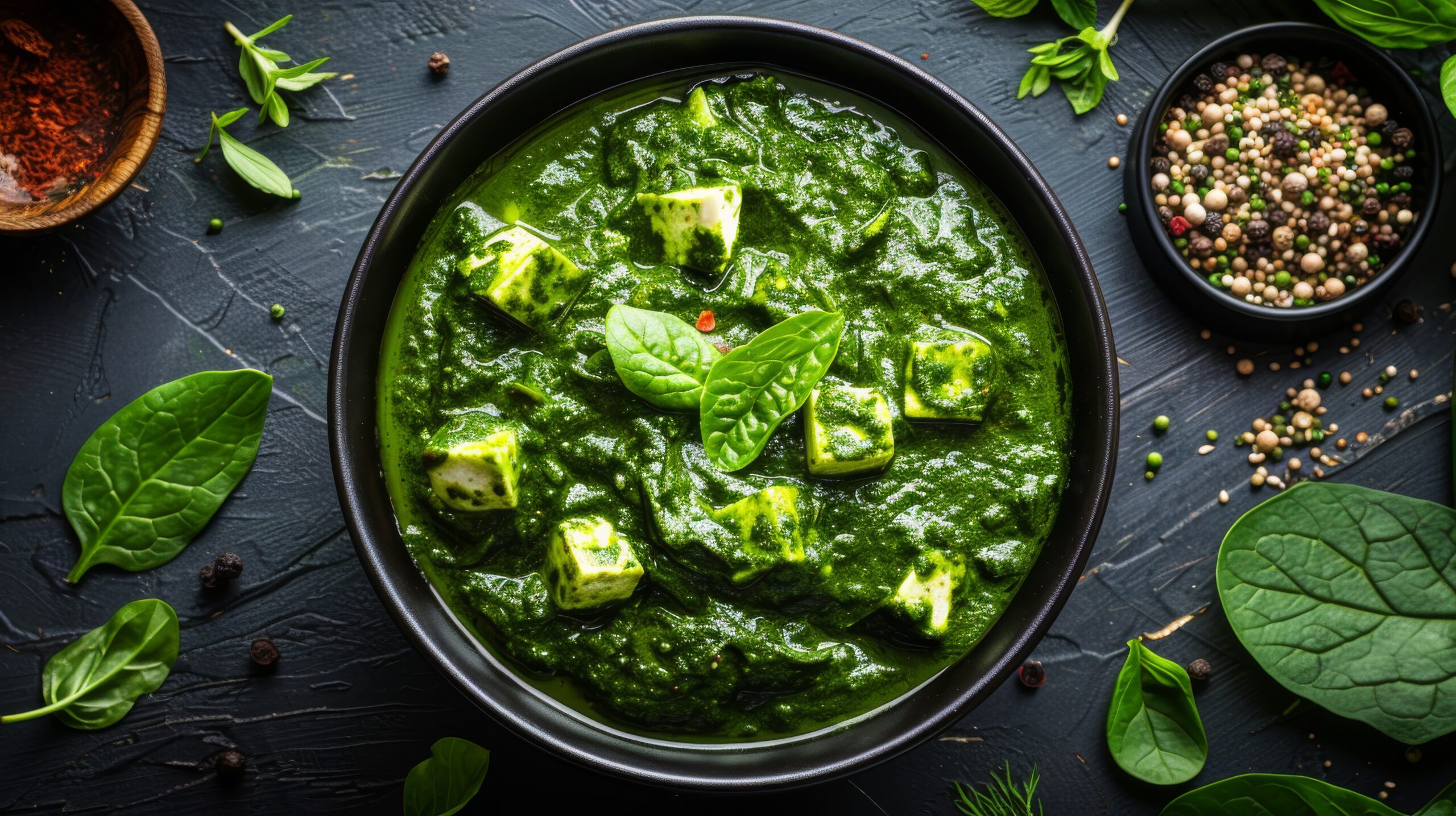 Traditional Indian Dish Palak Paneer in Black Bowl