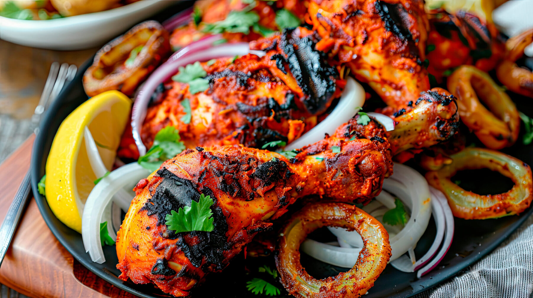 A beautifully arranged plate of tandoori chicken with lemon wedges and onion rings --ar 16:9 Job ID: 5fe8964a-6f2b-4f6b-a7fd-7abae87a650d